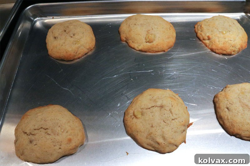 Freshly baked banana spice cookies cooling on a wire rack, showcasing their perfectly golden-brown edges and cakey centers