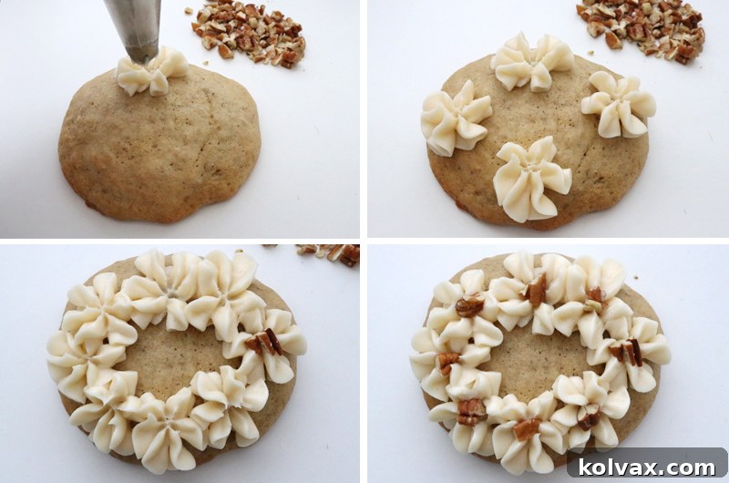 Decorating Banana Cake Cookies with a beautiful swirl of cream cheese frosting and a pecan garnish