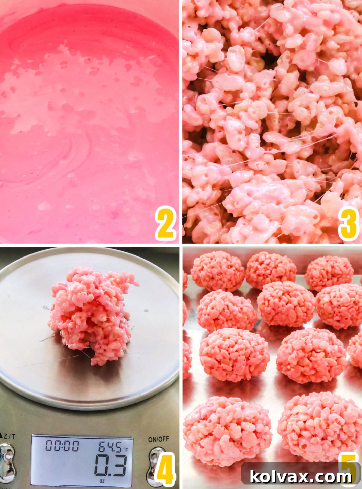 A detailed collage showing the step-by-step process of creating pink Mini Rice Krispie Easter Eggs, from mixing to shaping.