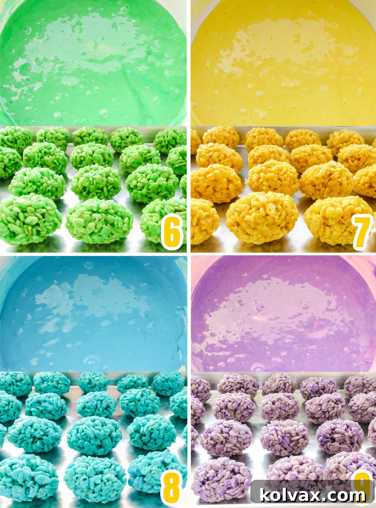 A collage demonstrating the vibrant tinting process for green, yellow, blue, and purple marshmallow mixtures for Easter eggs.