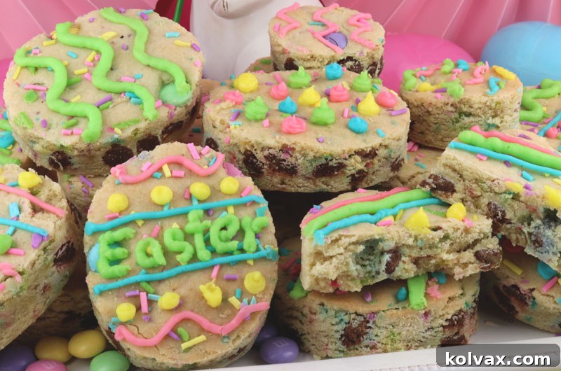 Delicious Easter M&M Sugar Cookie Bars, decorated with vibrant frosting and sprinkles, in the shape of Easter eggs.