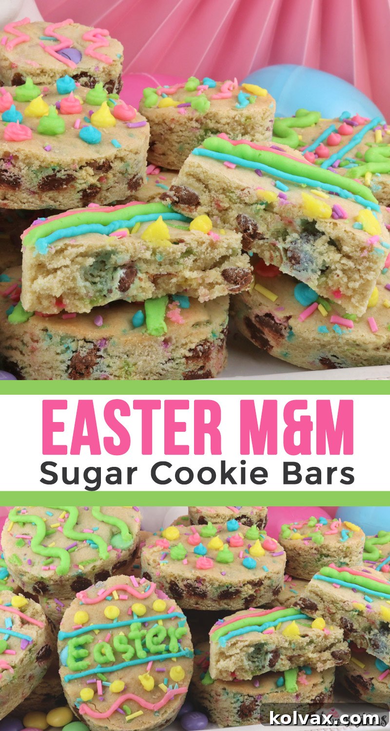 A beautifully composed vertical shot of multiple Easter M&M Sugar Cookie Bars, highlighting their festive decoration and vibrant colors.
