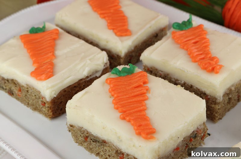 Frosted Carrot Cake Bars with Candy Carrot Decorations