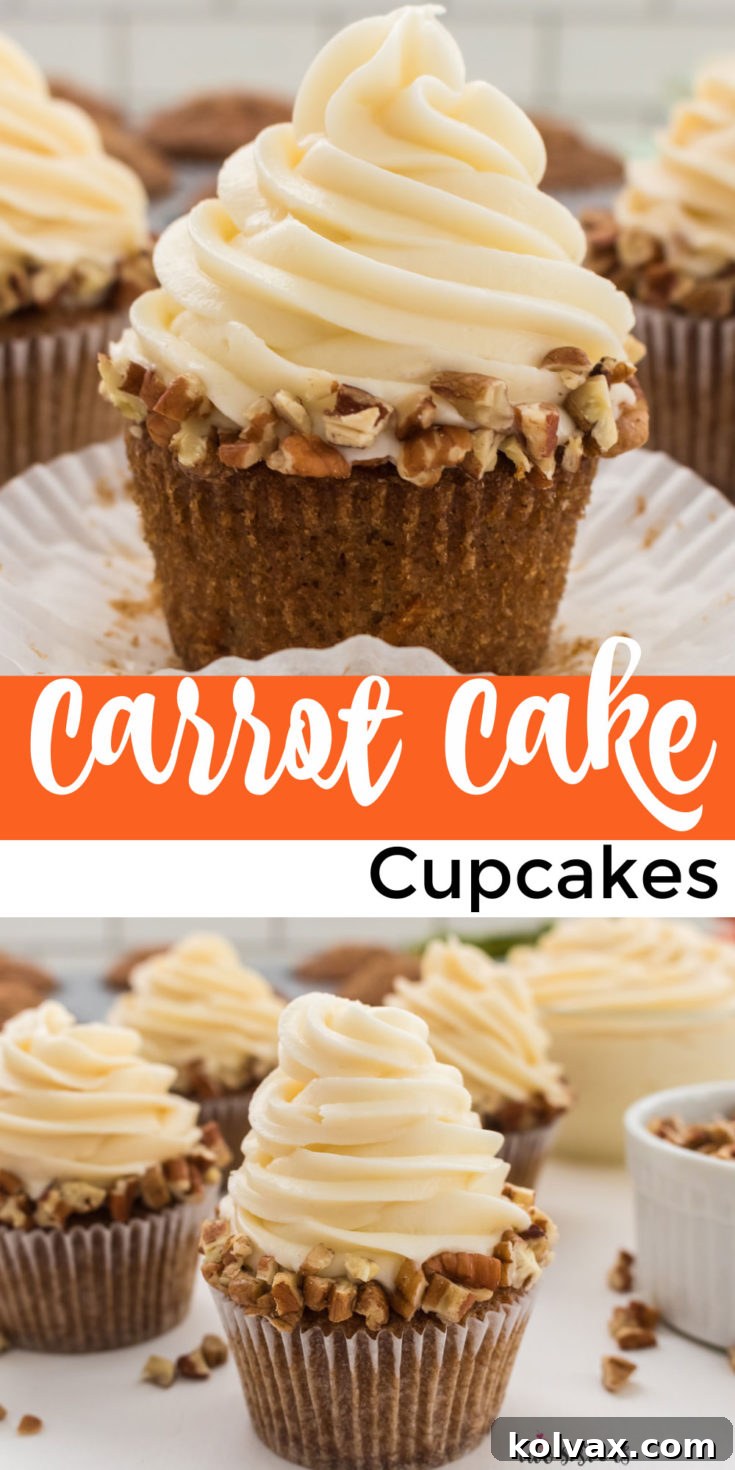 Carrot Cake Cupcakes pinnable image with cream cheese frosting and nuts