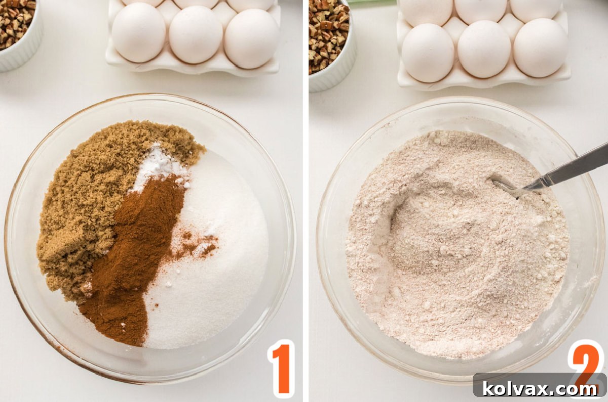 A four-panel collage showing the process of mixing dry ingredients: flour, sugars, and spices in a bowl, stirred with a fork.