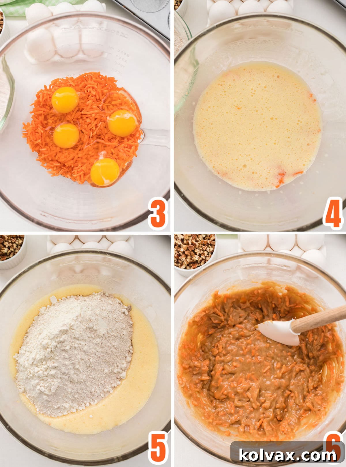 A four-panel collage illustrating the wet ingredient and batter mixing steps: adding carrots, eggs, and oil, mixing until frothy, then combining wet and dry ingredients.