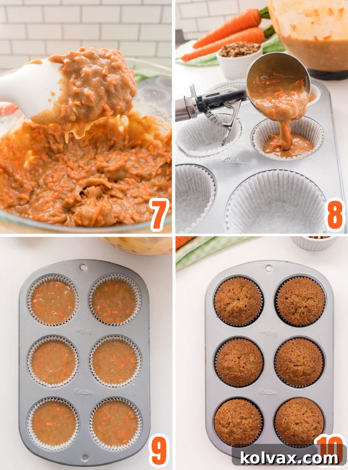 A four-panel collage showing the baking process: pouring batter into cupcake liners, filling three-quarters full, and the baked cupcakes in a pan, ready for cooling.