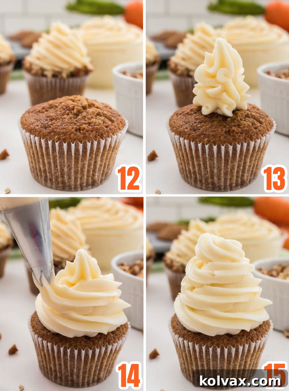A detailed collage showing the step-by-step process of frosting a carrot cake cupcake with a beautiful swirl of homemade Cream Cheese Frosting using a piping bag.