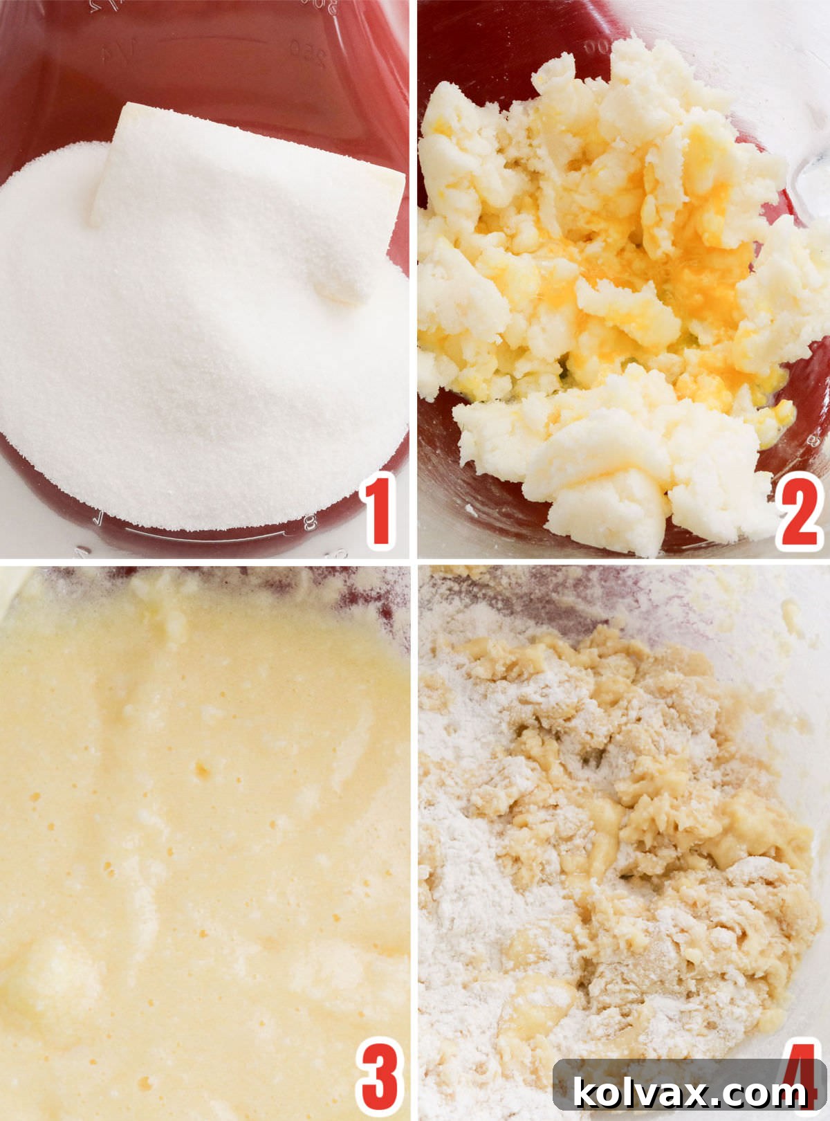 Collage image demonstrating the step-by-step process of mixing the cookie dough for Red White and Blue 4th of July Cookies.