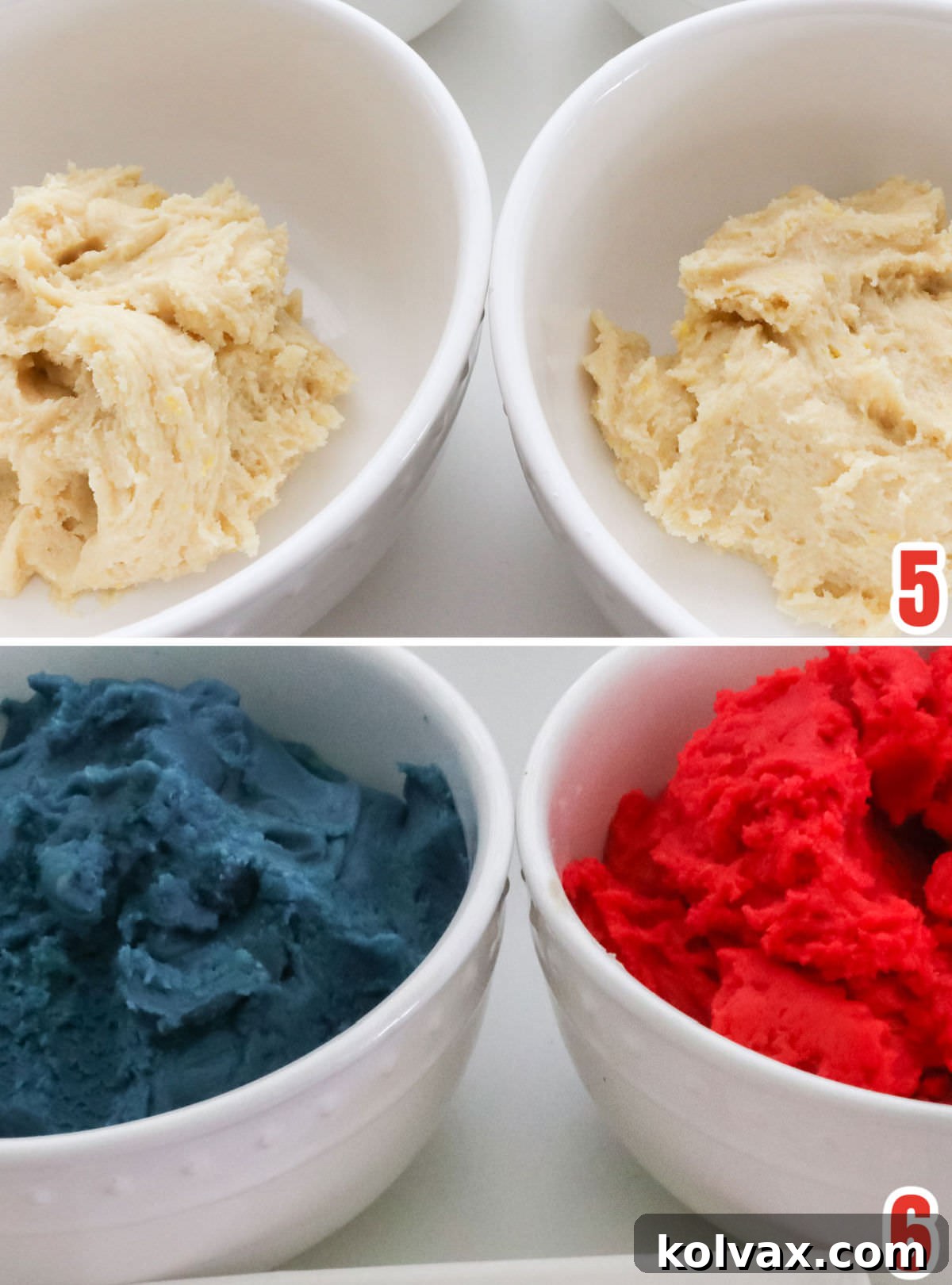Collage image demonstrating how to split the cookie dough into two portions and tint one blue and the other red using food coloring.