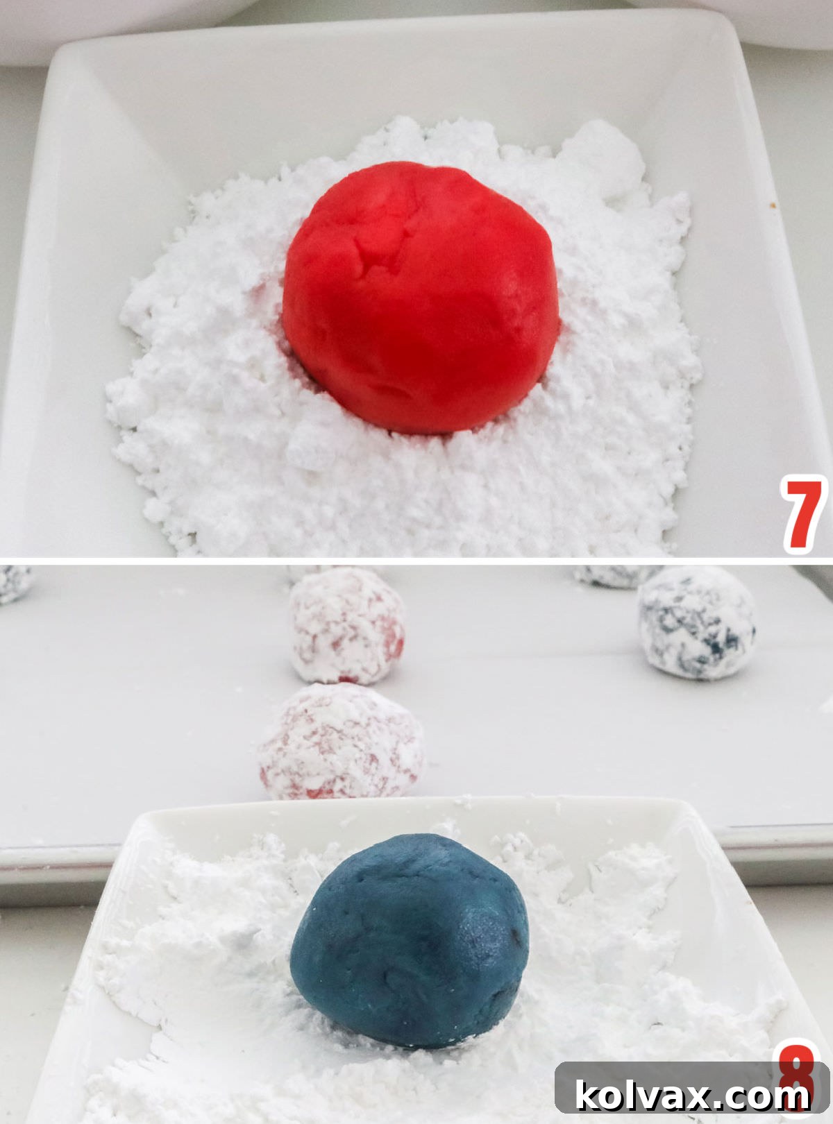 Collage image showing how to roll the red and blue cookie dough balls in powdered sugar before baking for 4th of July Crinkle Cookies.