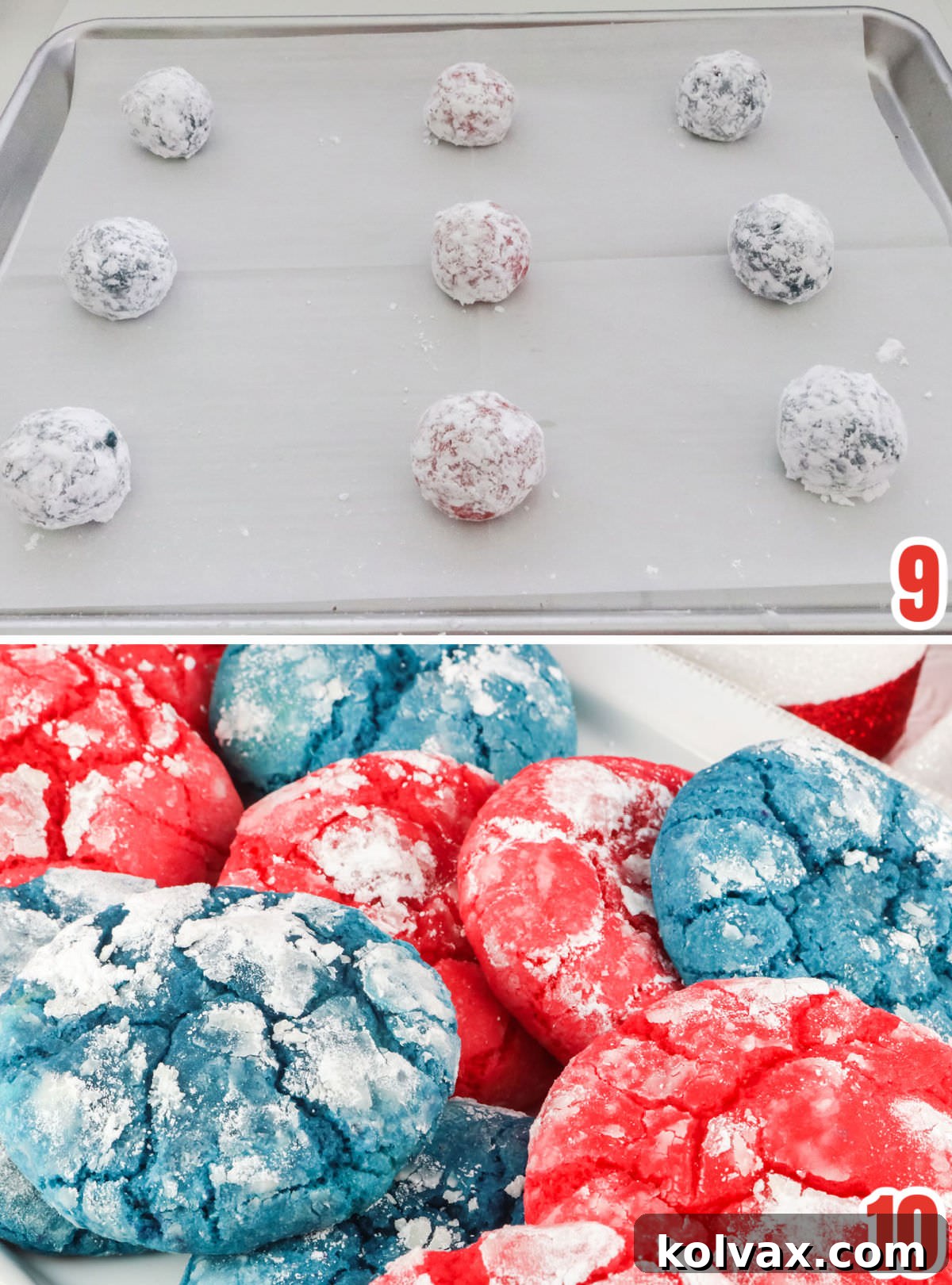 Collage image showing patriotic 4th of July Crinkle Cookies both before going into the oven and after coming out, with distinct white crinkles.