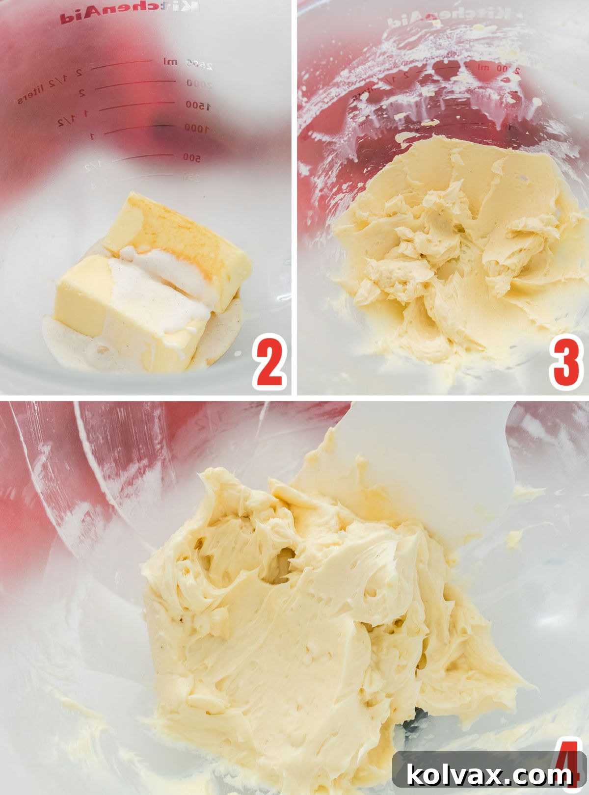 A collage demonstrating how to cream together butter, melted ice cream, and vanilla extract in a mixing bowl until thoroughly combined.