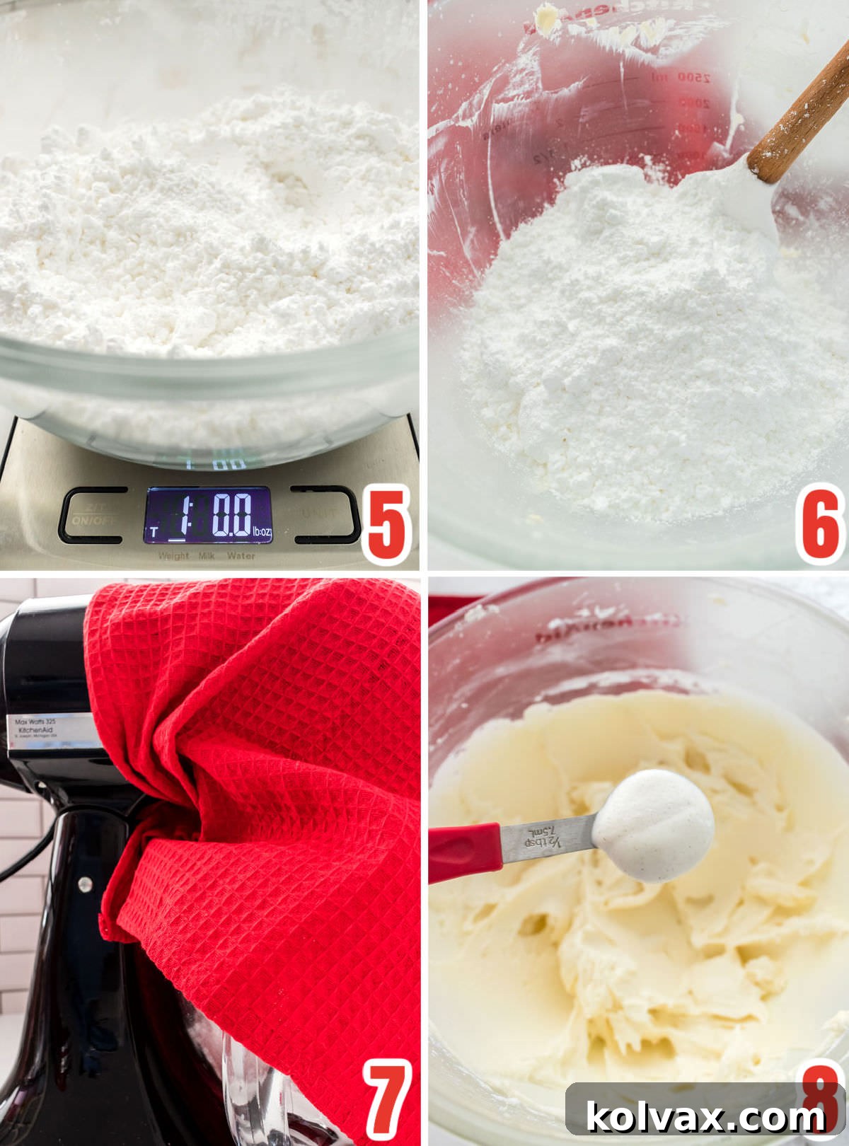 A collage showing the process of gradually adding powdered sugar to the creamed butter and ice cream mixture for the buttercream frosting.