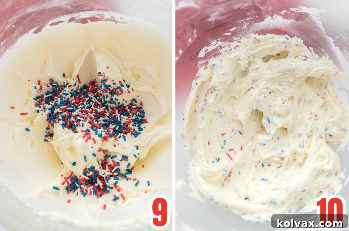 A collage showing how to gently fold colorful Jimmie sprinkles into the prepared Homemade Ice Cream Buttercream Frosting.