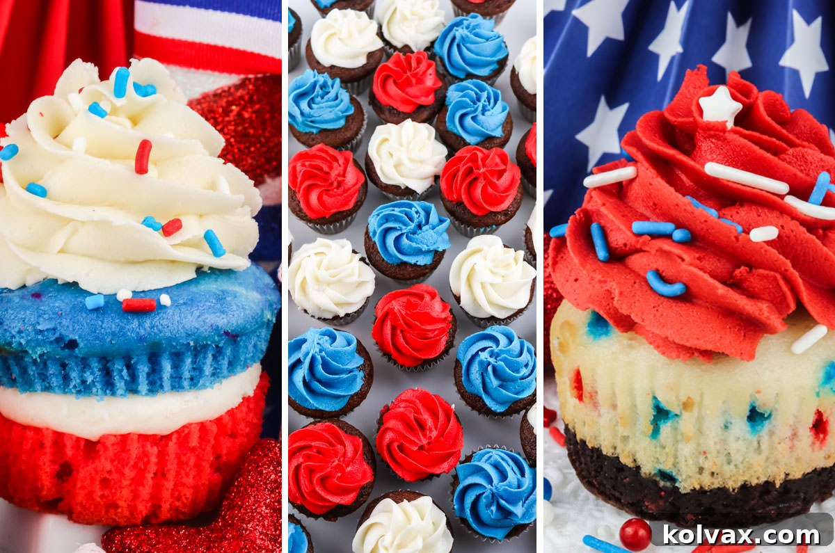 A vibrant collage showcasing three distinct Red, White, and Blue 4th of July Cupcake designs, all crafted with fluffy white cake mix and rich buttercream frosting, ready to celebrate.