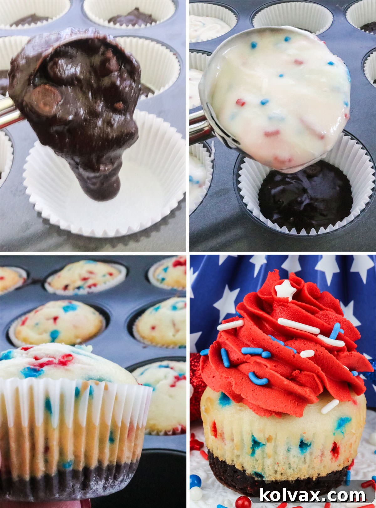 A detailed step-by-step visual guide outlining the process to create delectable Patriotic Brownie Cupcakes, featuring the layering of brownie and confetti cake batters.