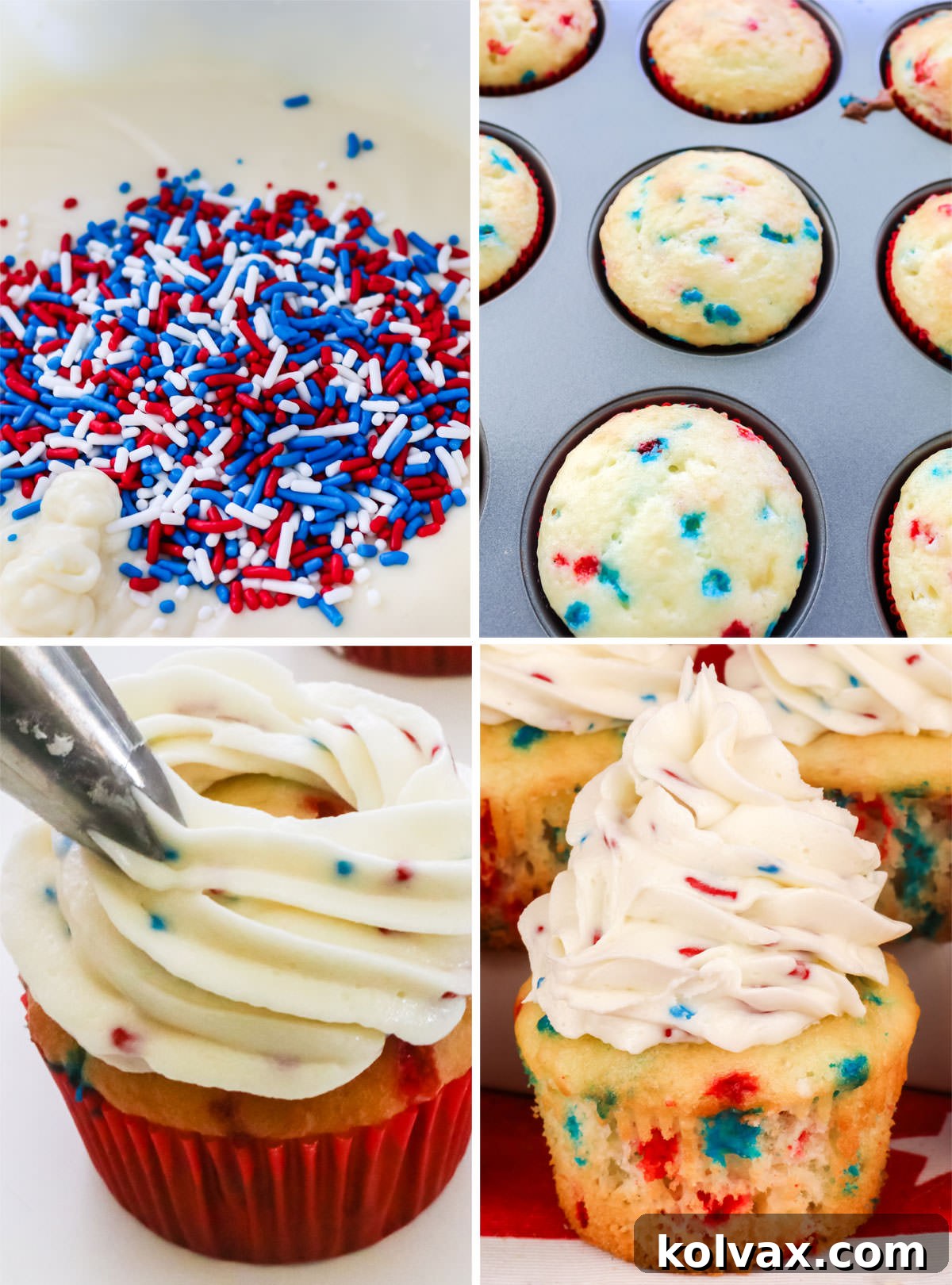 A visual step-by-step guide in a collage format, illustrating the process needed to bake cheerful Red, White, and Blue Confetti Cupcakes, perfect for 4th of July celebrations.