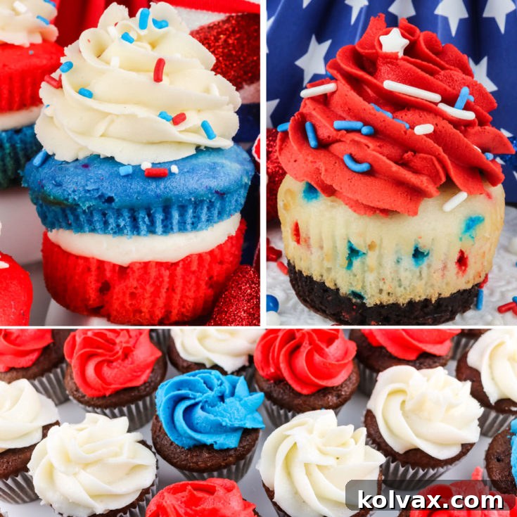 A festive display of Red, White, and Blue 4th of July Cupcakes, perfect for patriotic celebrations.