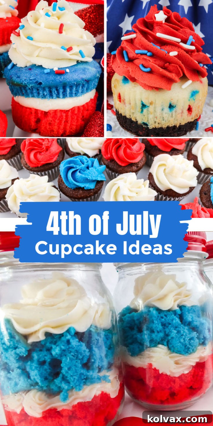 Pinnable image for 4th of July Cupcakes, showcasing patriotic spirit and delicious Red, White, and Blue desserts.