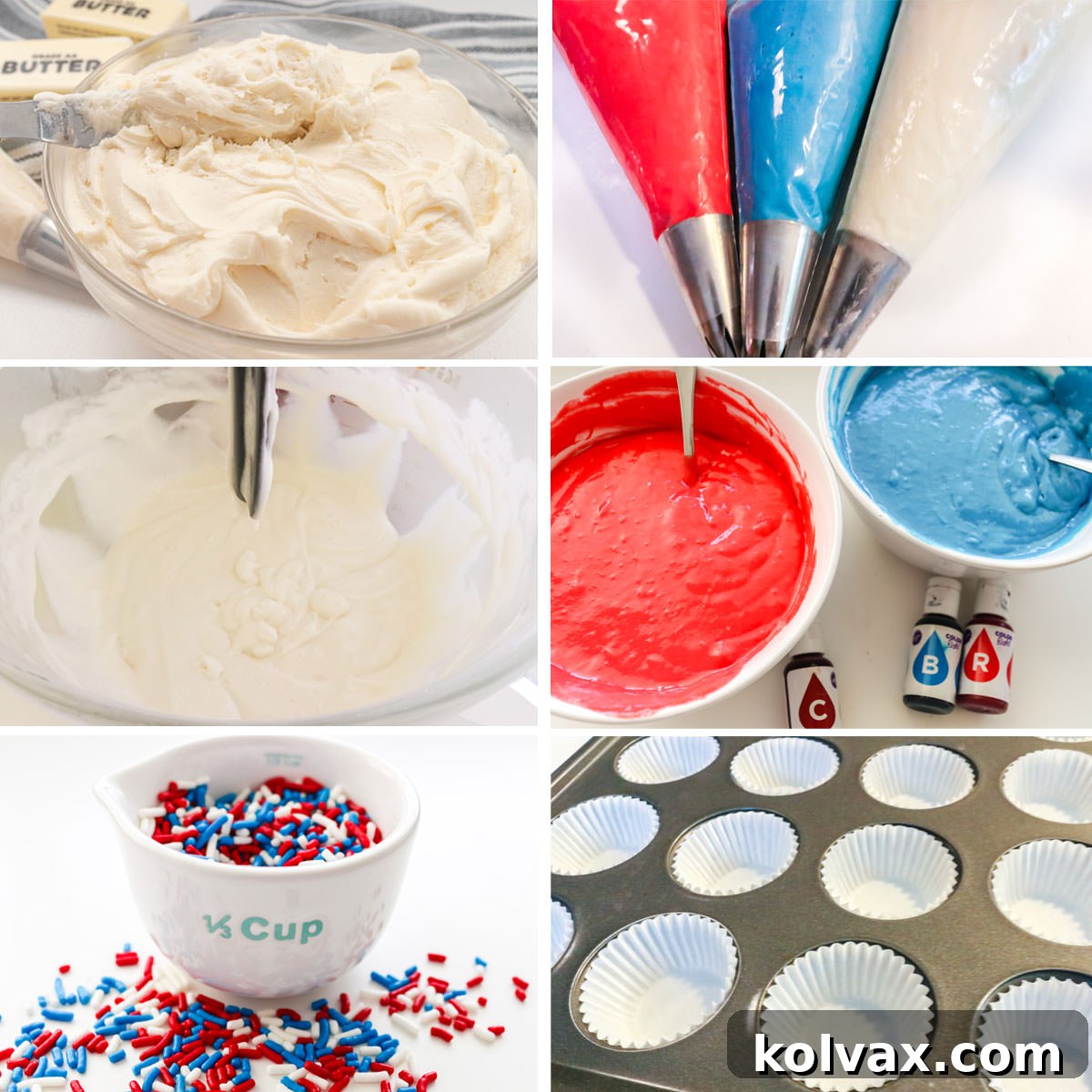 An organized display of all necessary ingredients for crafting six diverse 4th of July Cupcakes, including white cake mix, buttercream frosting, an assortment of sprinkles, and vibrant food colorings.