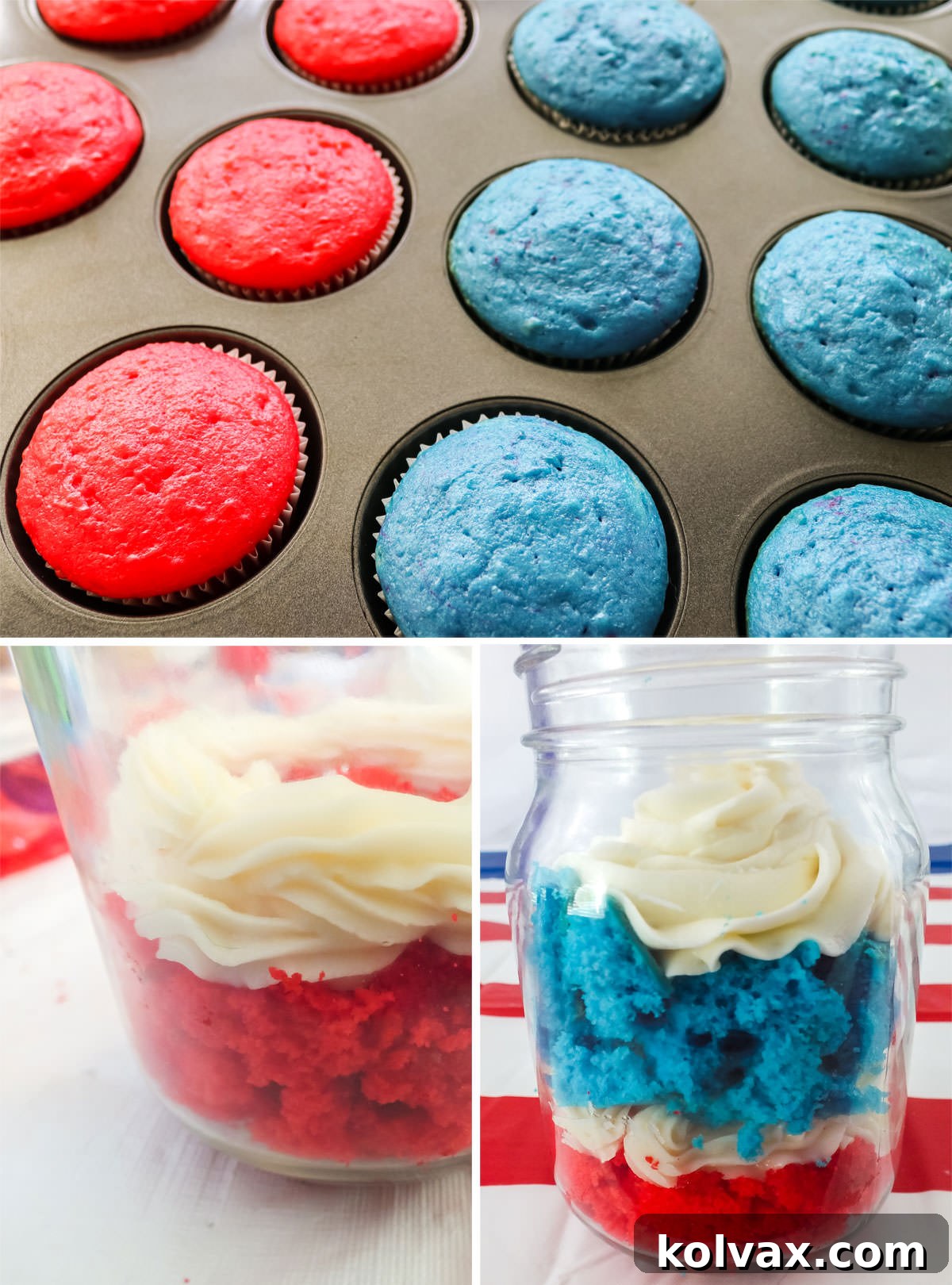 A detailed collage illustrating each step involved in assembling the delightful Red, White, and Blue Cupcakes in Jar, from crumbling cake to layering frosting.