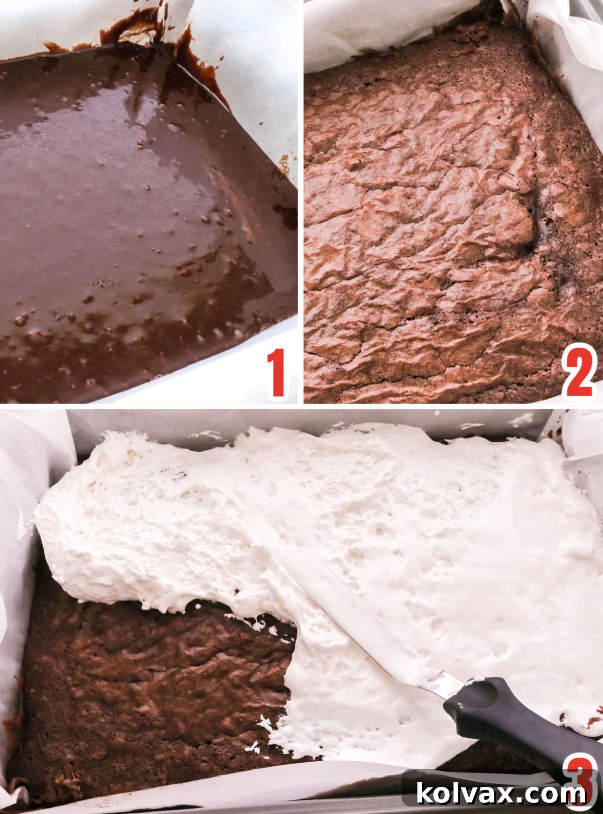 Collage image showing the steps for making the brownie batter, baking the brownies and covering the brownies with marshmallow creme, providing visual guidance for the first layers.