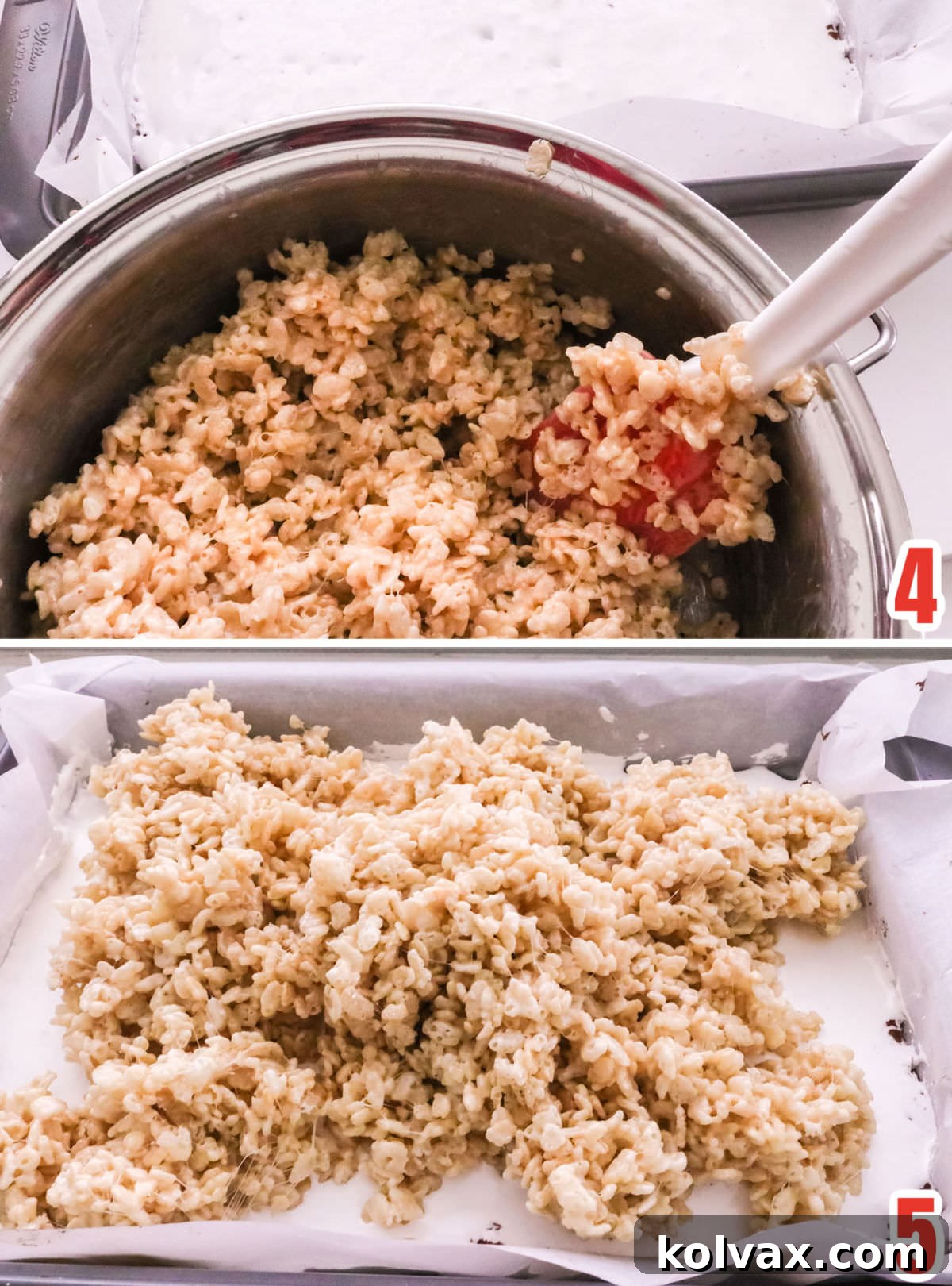 Collage image showing the steps for adding the Rice Krispie Treat layer, demonstrating how to spread it over the marshmallow creme.