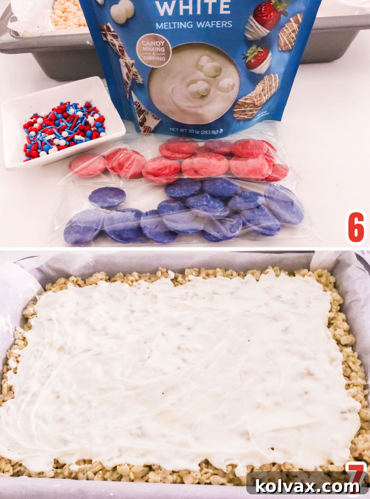 Collage image showing the steps for covering the cookie bar with melted white chocolate and adding candy melt swirls.