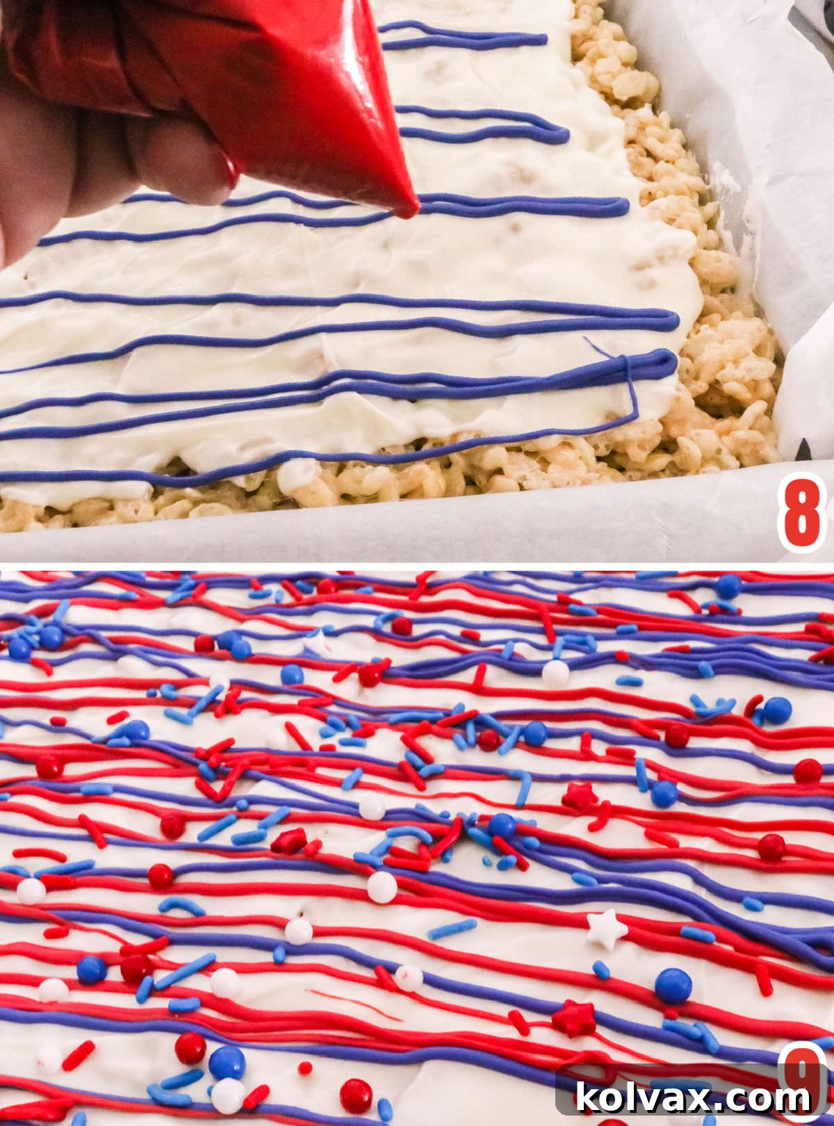 Collage image showing how to cover the Rice Krispie Brownie Bar with melted candy melts and sprinkles, illustrating the festive decoration process.