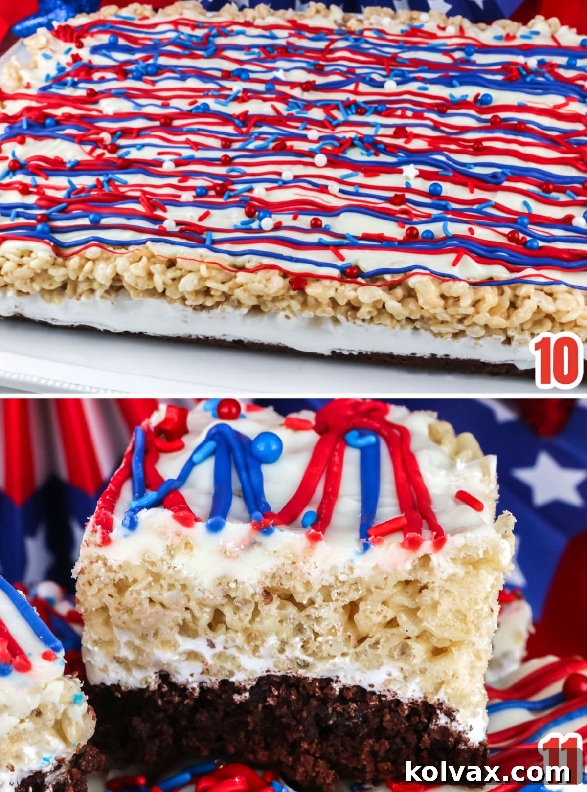 Collage image showing the four distinct layers of the Brownie Rice Krispie Treat before being cut into pieces and after being cut into pieces, highlighting the perfect cross-section.