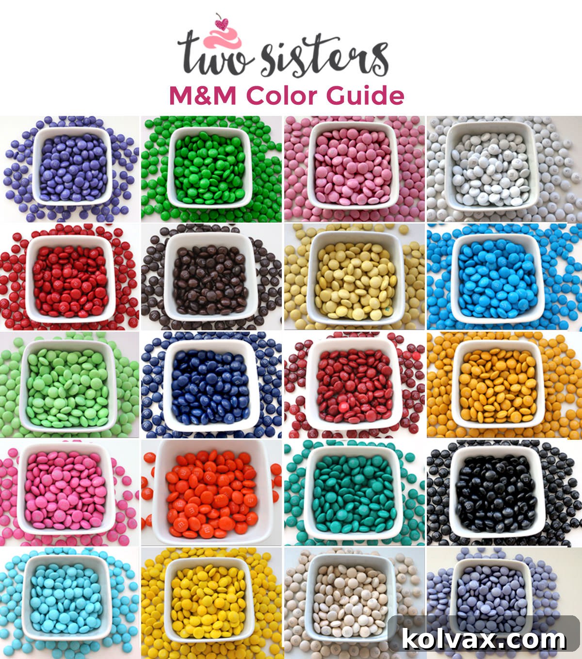 Collage image showing all the different M&M colors that are available for purchase.