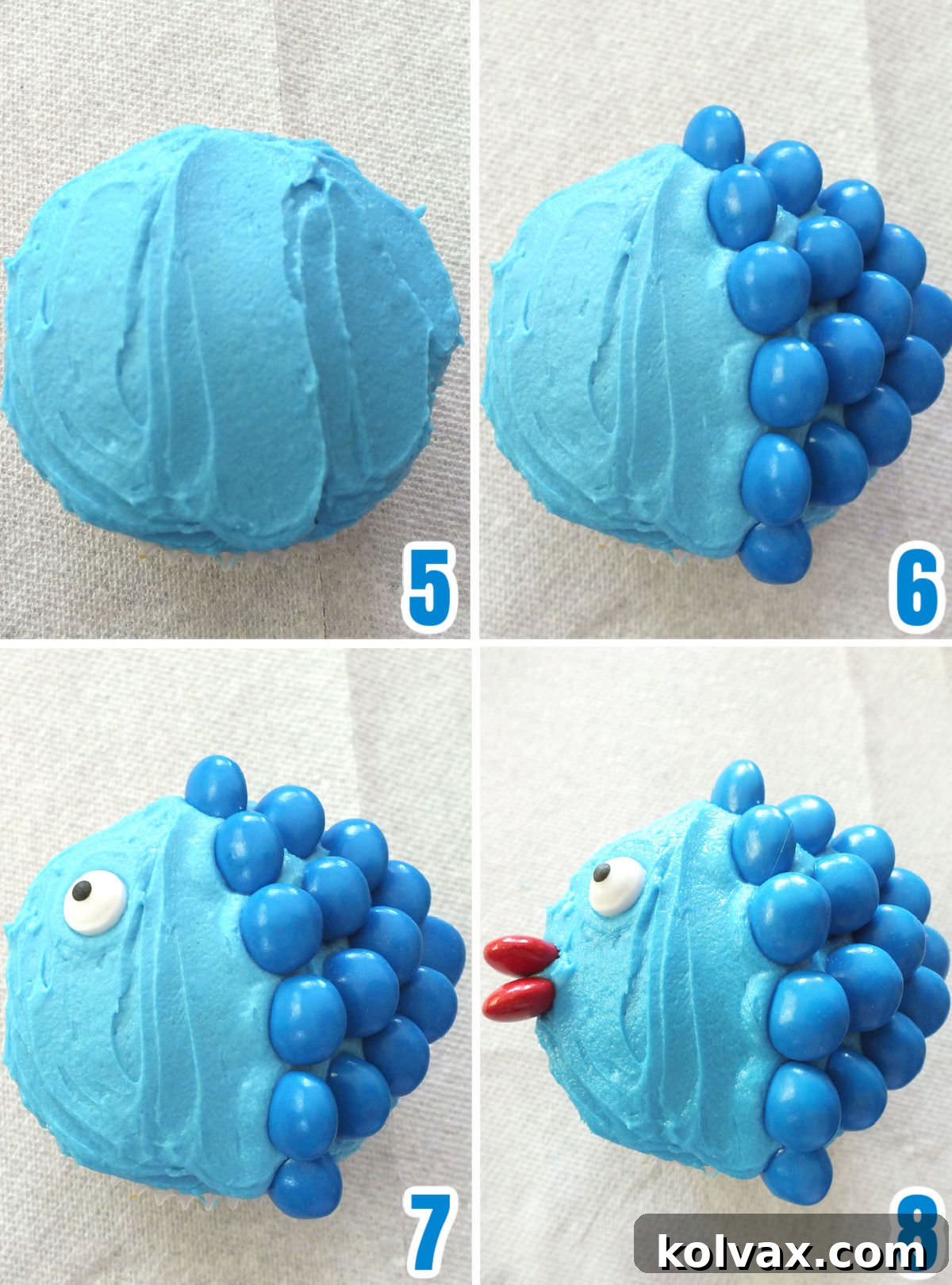 A detailed collage illustrating each step of transforming a plain cupcake into an adorable fish using buttercream, M&M's, and candy eyes, with clear visual guidance.