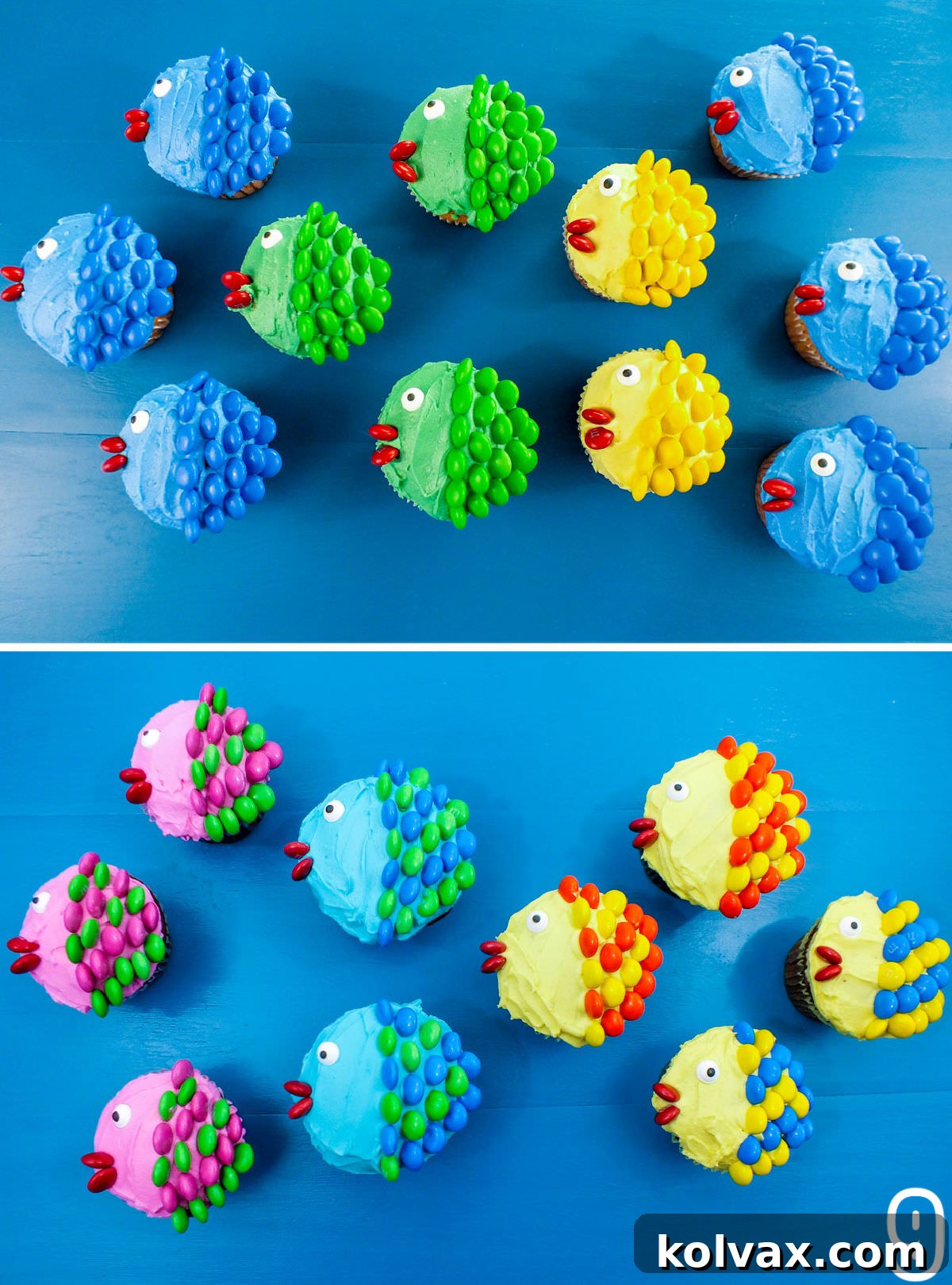 An overhead shot showcasing a delightful spread of twenty Little Fishy Cupcakes, each adorned with different colored frostings and M&M scales, arranged artfully on a blue surface.