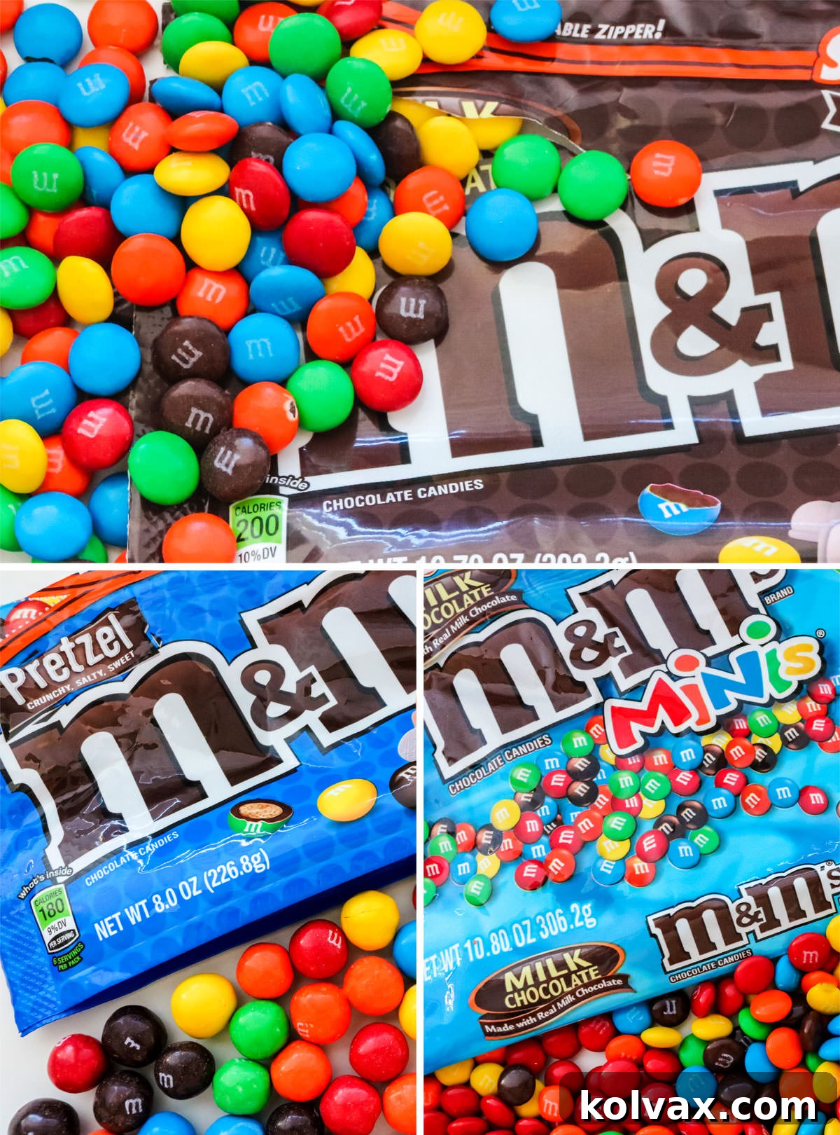 A collage image featuring bags of regular M&M's, Pretzel M&M's and M&M Minis.