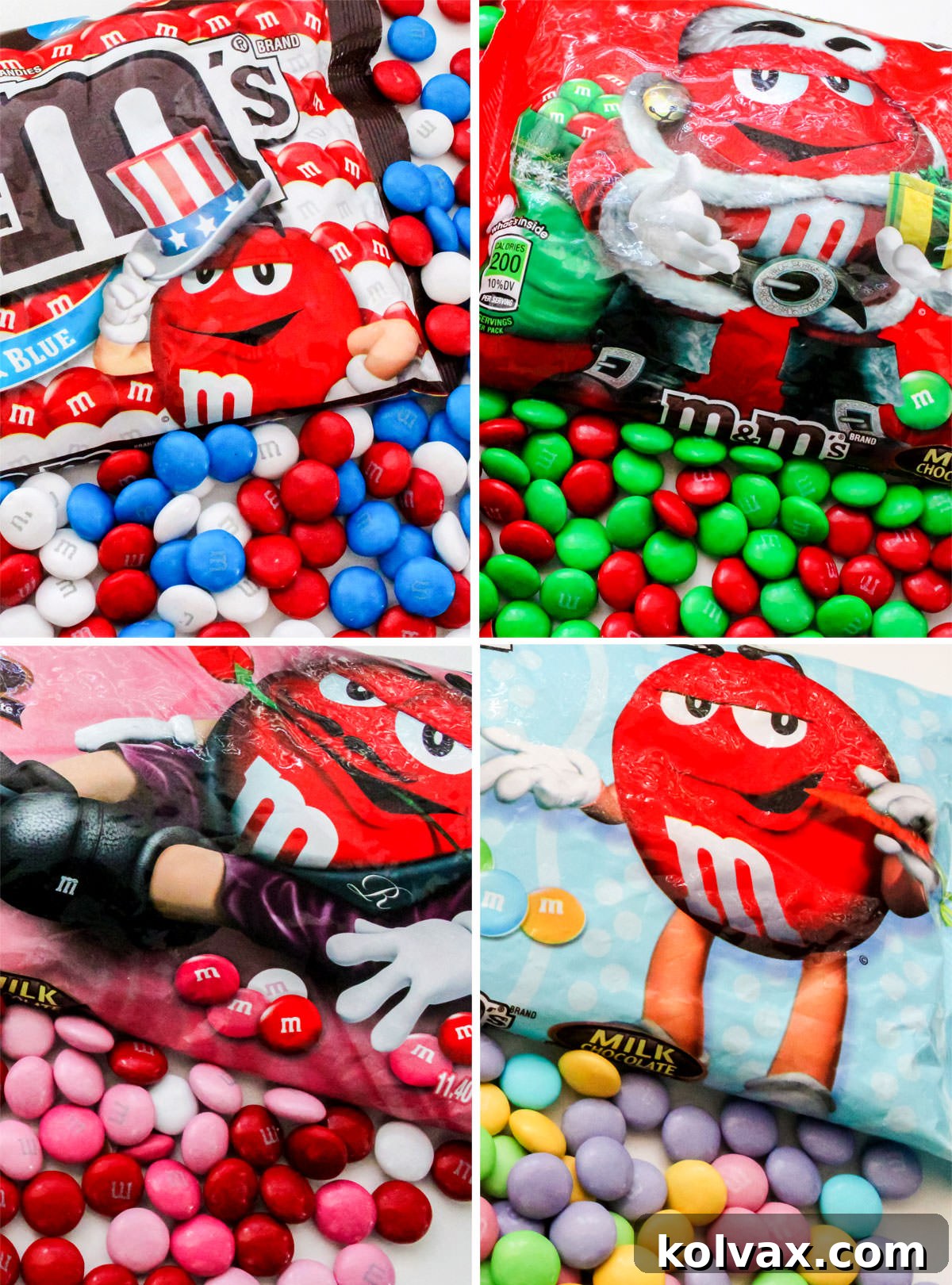 Collage image showing sample bags of the Holiday mix M&M's series.