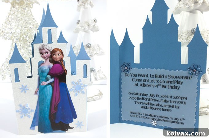 DIY Frozen Birthday Party Invitations made with a Cricut, scrapbook paper and print-outs of Disney characters Elsa and Anna. This is a fun craft project that will make your party invitations really stand-out. Follow us for more great Frozen Party Ideas. 