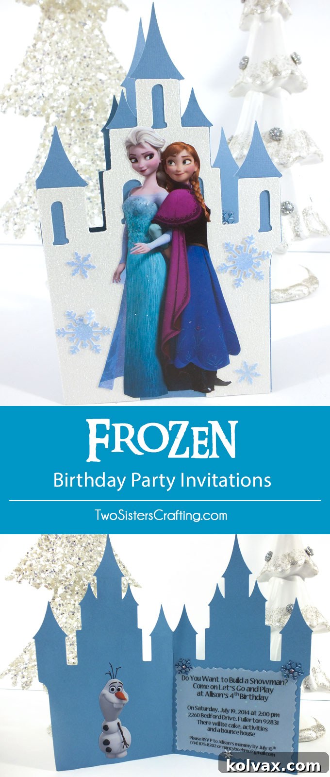 DIY Frozen Birthday Party Invitations made with a Cricut, scrapbook paper and print-outs of Disney characters Elsa and Anna. This is a fun craft project that will make your party invitations really stand-out. Follow us for more great Frozen Party Ideas.