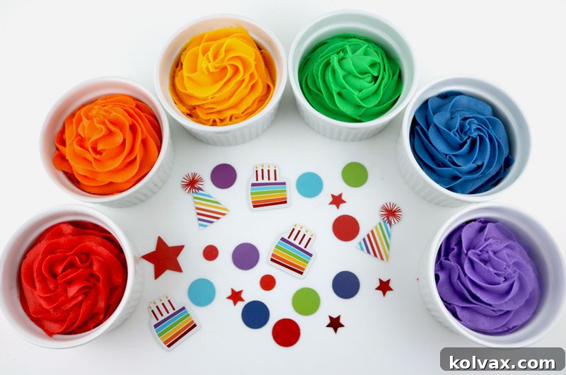 Use our Frosting Color Guide to find the exact food coloring formula for making bright and pretty colored frostings in the deepest shades using the least amount of food coloring.  #Frosting #ColoredFrosting #BakingTips #ButtercreamFrosting #TwoSistersCrafting