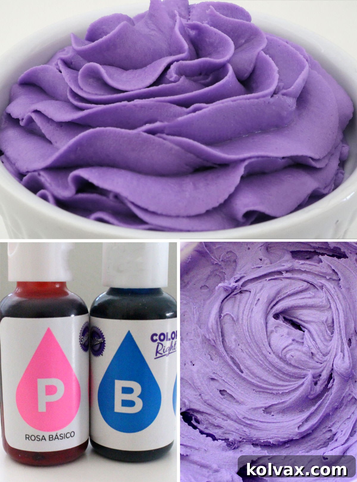 Collage image showing How to Make Purple Frosting.