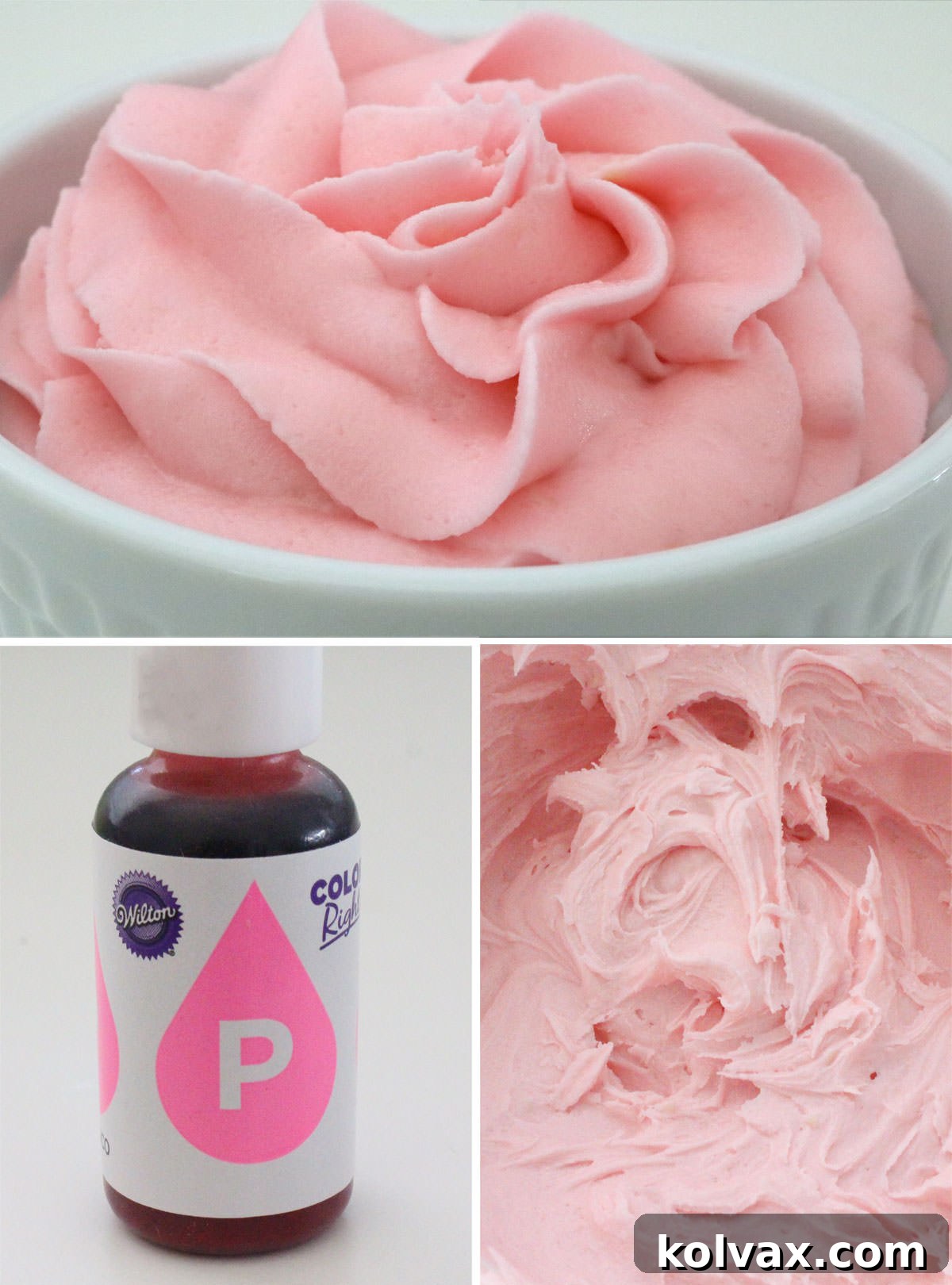 Collage image showing how to Make Light Pink Frosting from Buttercream Frosting.
