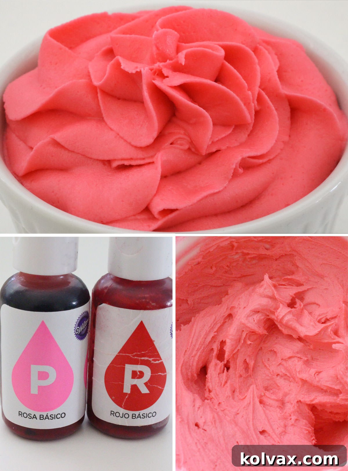 Collage image showing the steps for how to make Dark Pink Frosting.