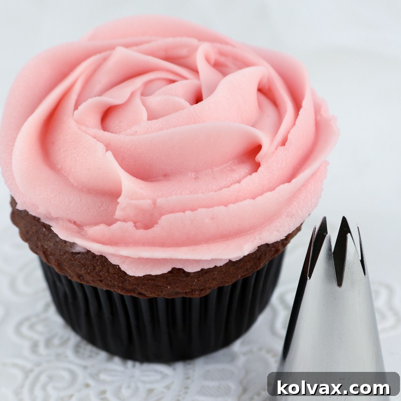 Wilton 1M Decorating Tip used to create stunning Frosting Roses on cupcakes