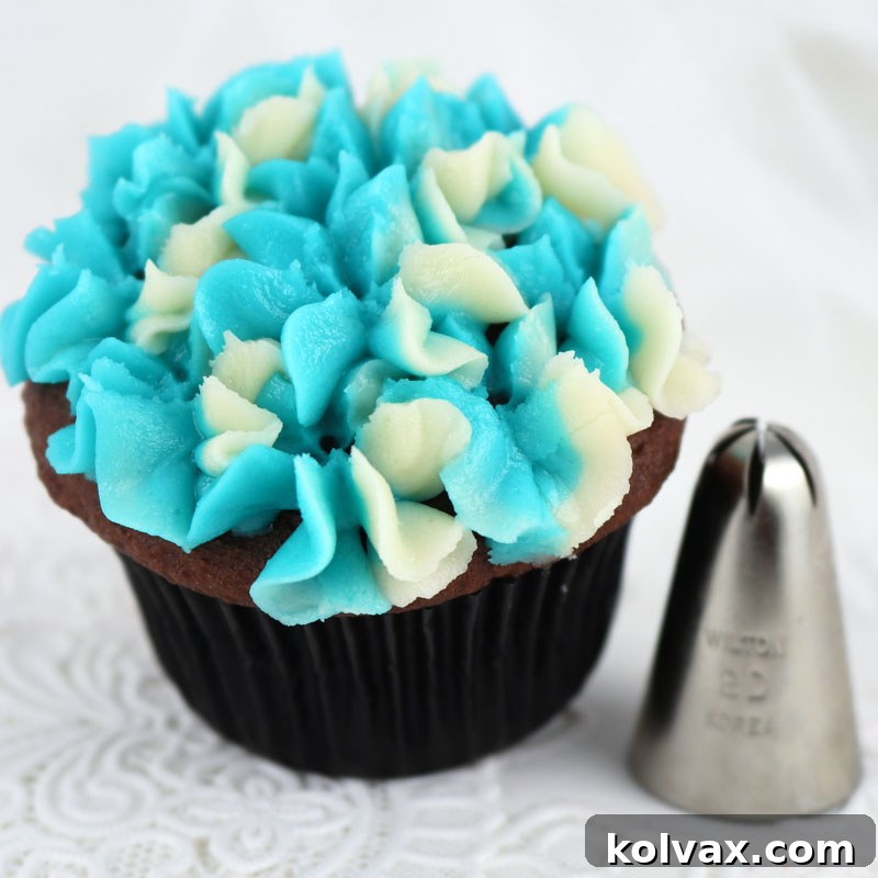 Wilton 2D Drop Flower Decorating Tip for creating lush Frosting Hydrangeas on cupcakes