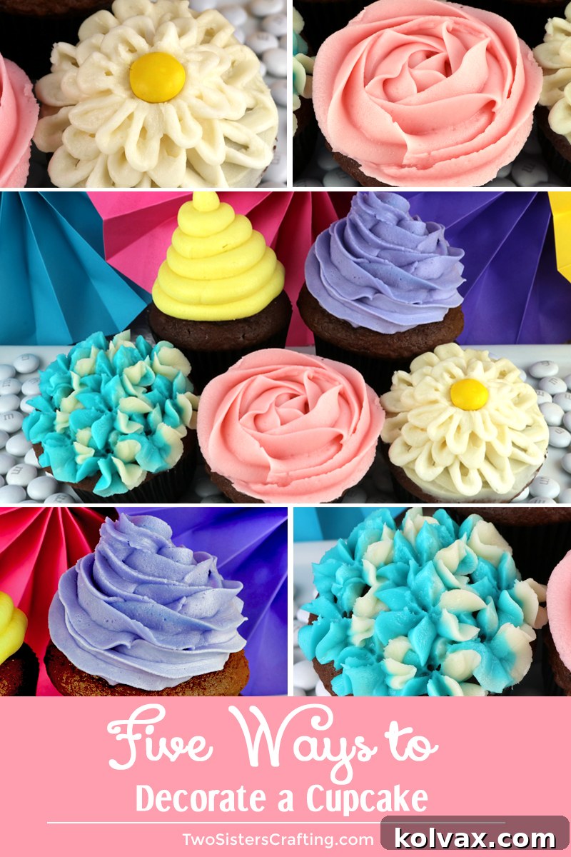 Showcasing Five Ways to Decorate a Cupcake: From classic swirls to delicate hydrangeas, find your next baking project here! Learn essential frosting techniques for stunning dessert decorating. #CupcakeIdeas #FrostingTechniques #HomeBaking #DessertDecorating