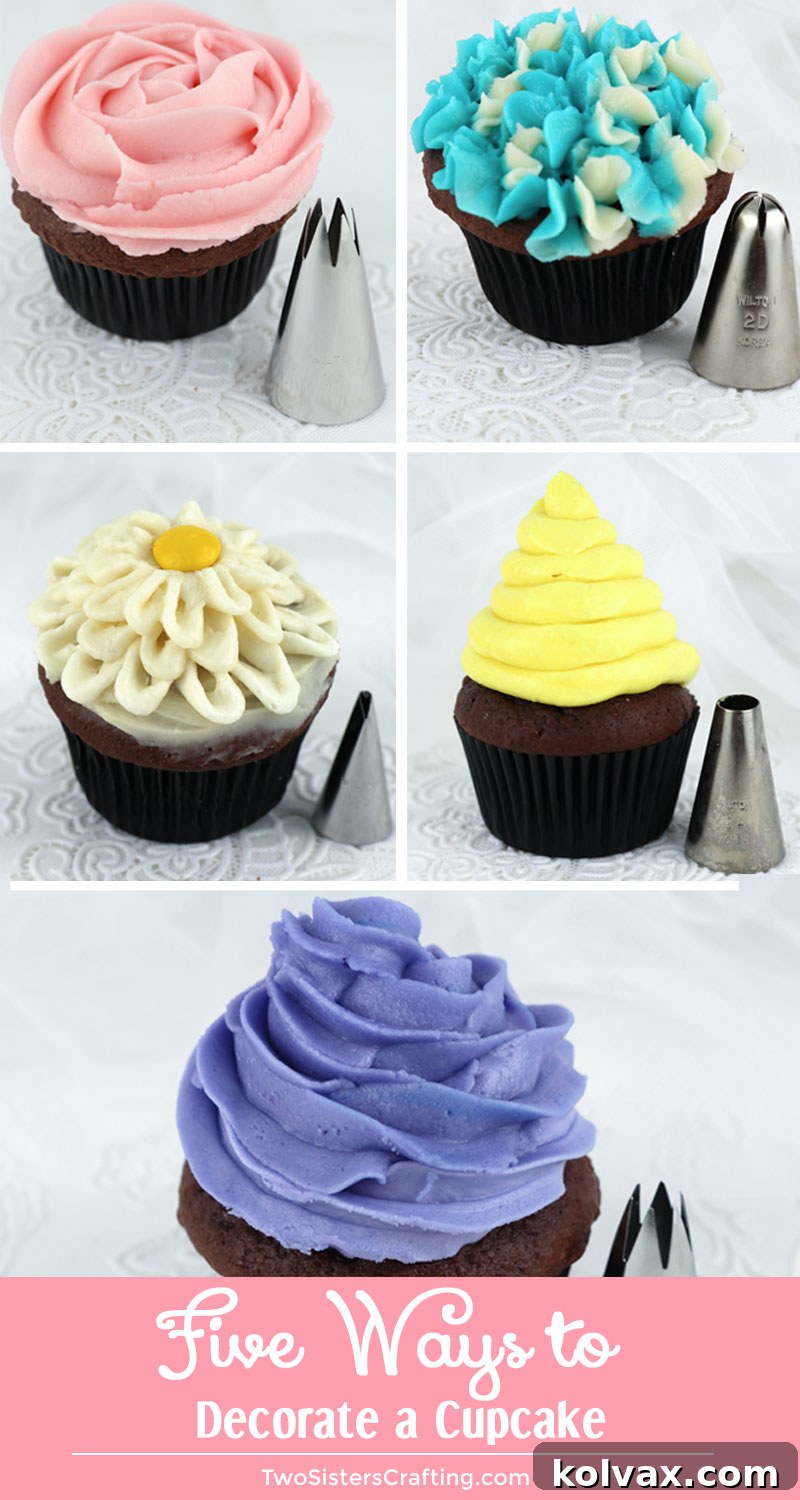 Inspiring Cupcake Decorating Ideas: Step-by-step videos and essential tools for classic swirls, frosting roses, beehive designs, delicate petals, and lush hydrangeas. Elevate your home baking. #BakingTips #CupcakeInspiration #DecoratingTutorials #TwoSistersCrafting