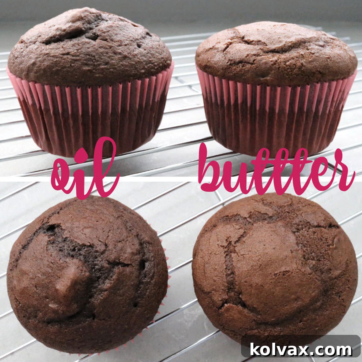 A side-by-side collage image clearly showing the visual difference between two chocolate cupcakes: one made with cooking oil (left, taller, lighter) and one made with melted butter (right, flatter, denser).