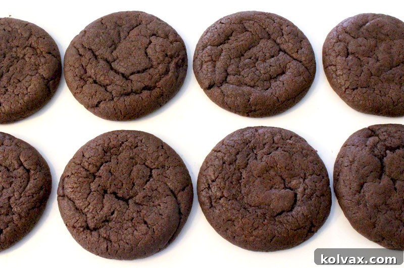 Freshly baked chocolate cookies, still warm, cooling on a wire rack after being removed from the oven, ready for enjoyment.