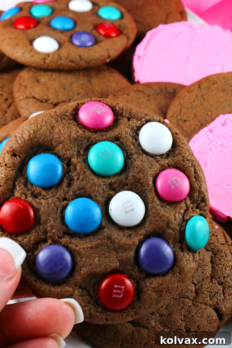 Vibrant and fun M&M chocolate cookies, adorned with colorful candies for a delightful crunch and extra sweetness, perfect for parties.