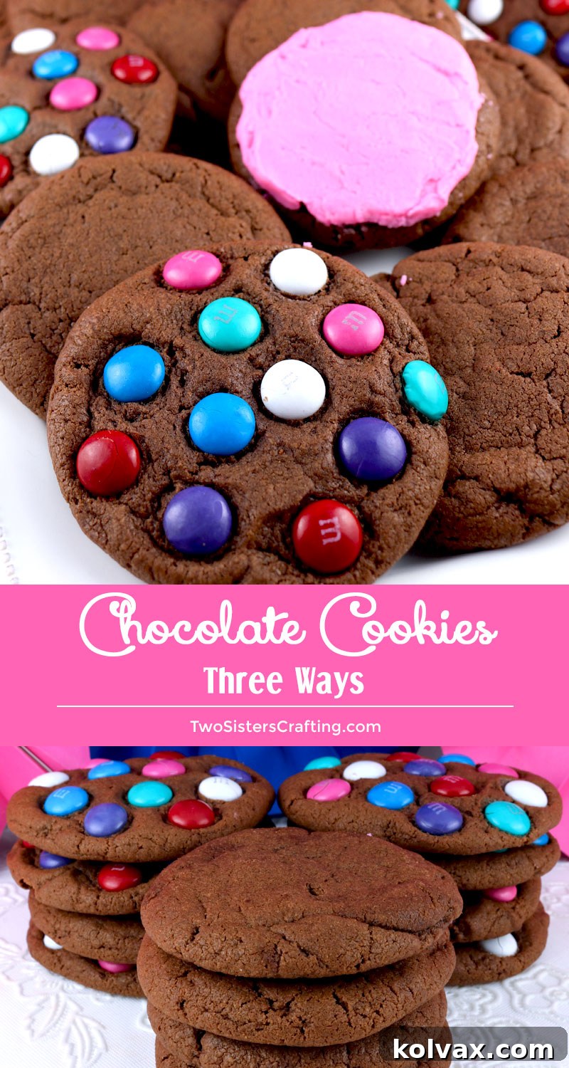 A grand final image showcasing an assortment of all three chocolate cookie variations: plain, M&M, and frosted, emphasizing their deliciousness and versatility.